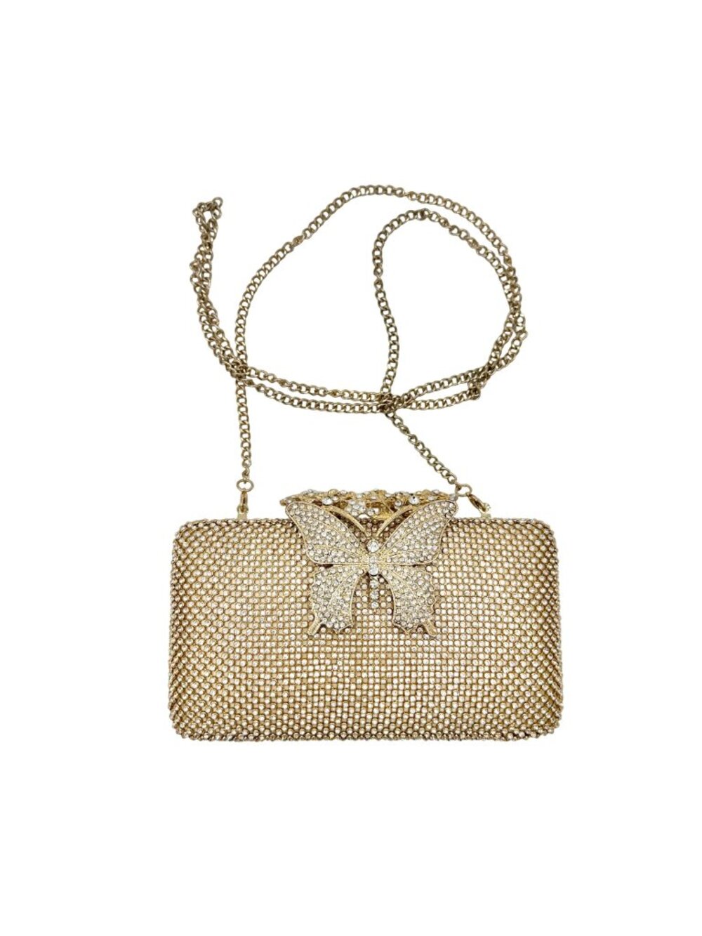 Gold Crystal Butterfly Evening Clutch with Chain Strap